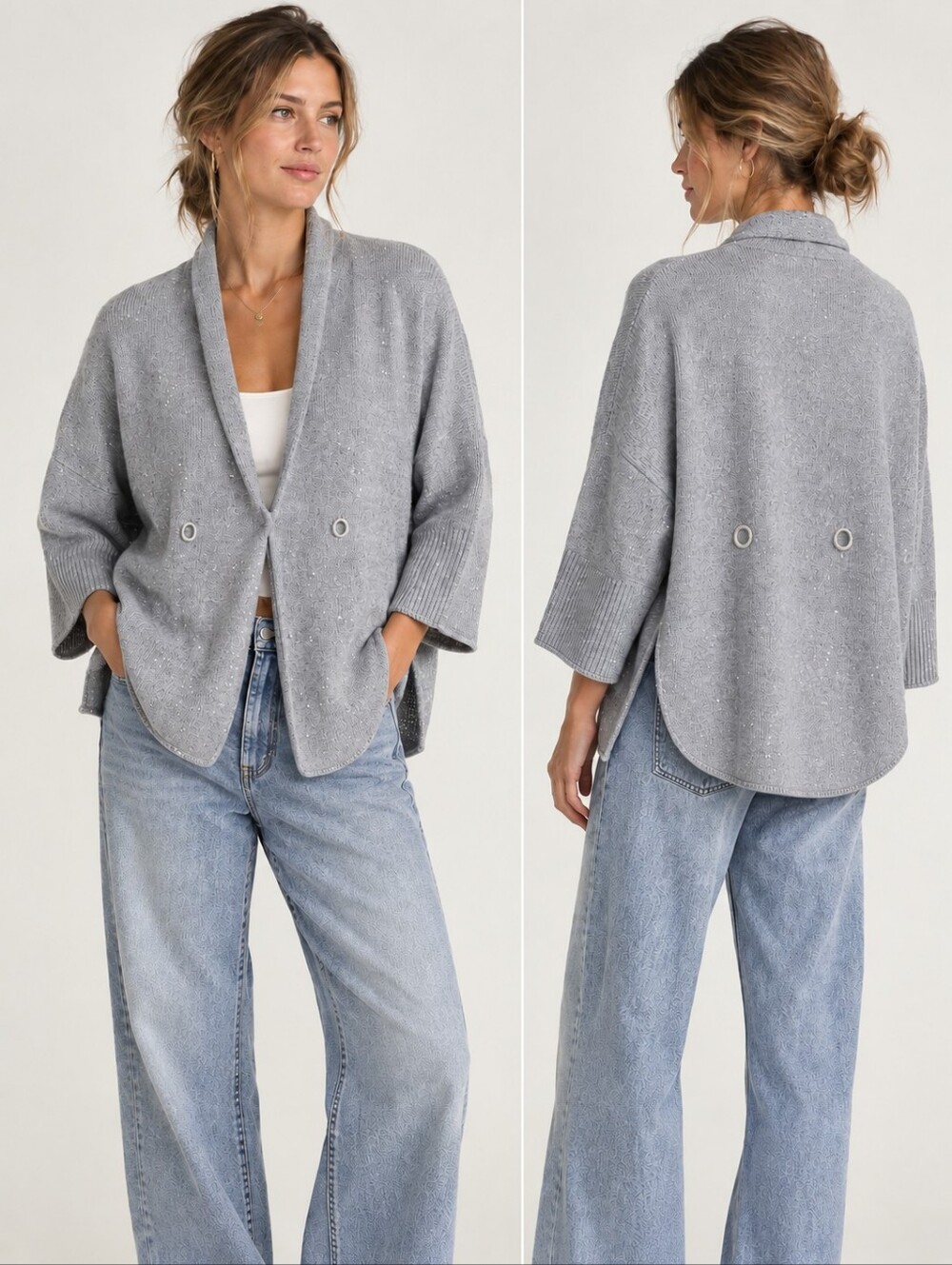 Brunello Cucinelli Cashmere Silk Sequin-Embellished Cardigan Dolan Gray M/L